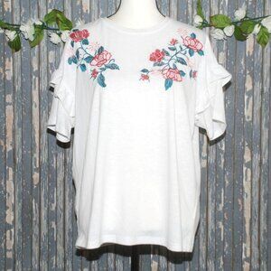 Paper Crane Anthropologie White Boho Top Shirt Size L Embroidered Floral Roses